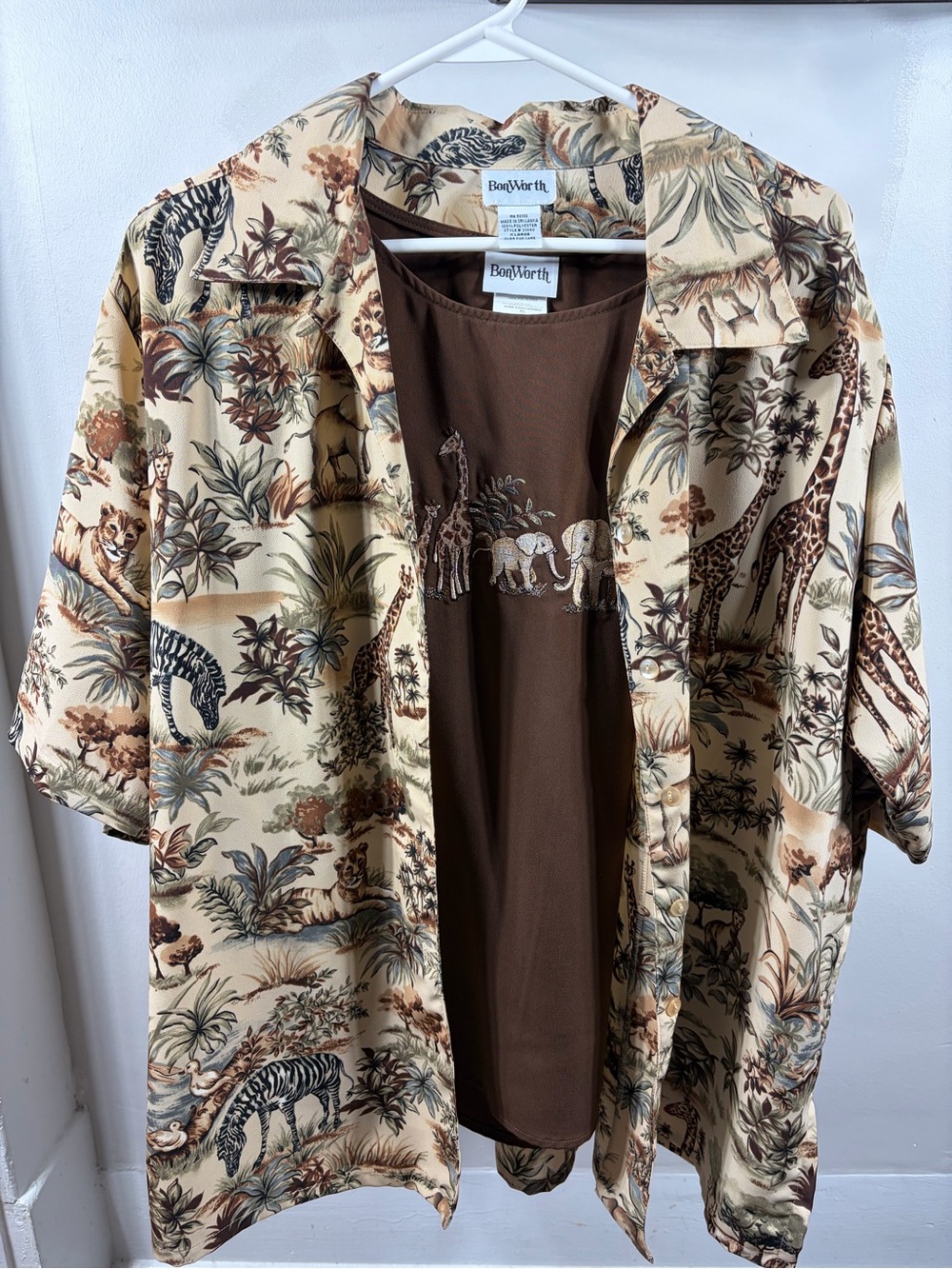 Vintage BonWorth 2pc‎ Set: Animal Print Button Up & Embroidered Tank Top XL